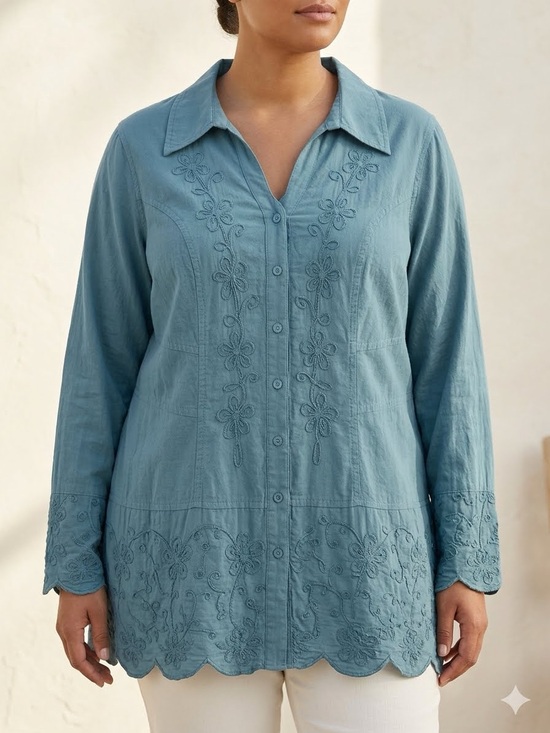 Soft Surroundings Tops - Soft Surroundings Samantha Embroidered Cotton Scalloped Tunic Blue 1X EUC